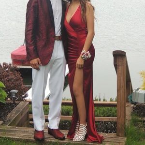 Abyss by Abby long wine red satin prom dress